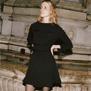 NWT Doen Cecillia Cotton Taffeta Smocked Ruched Long Sleeve Mini Dress Black